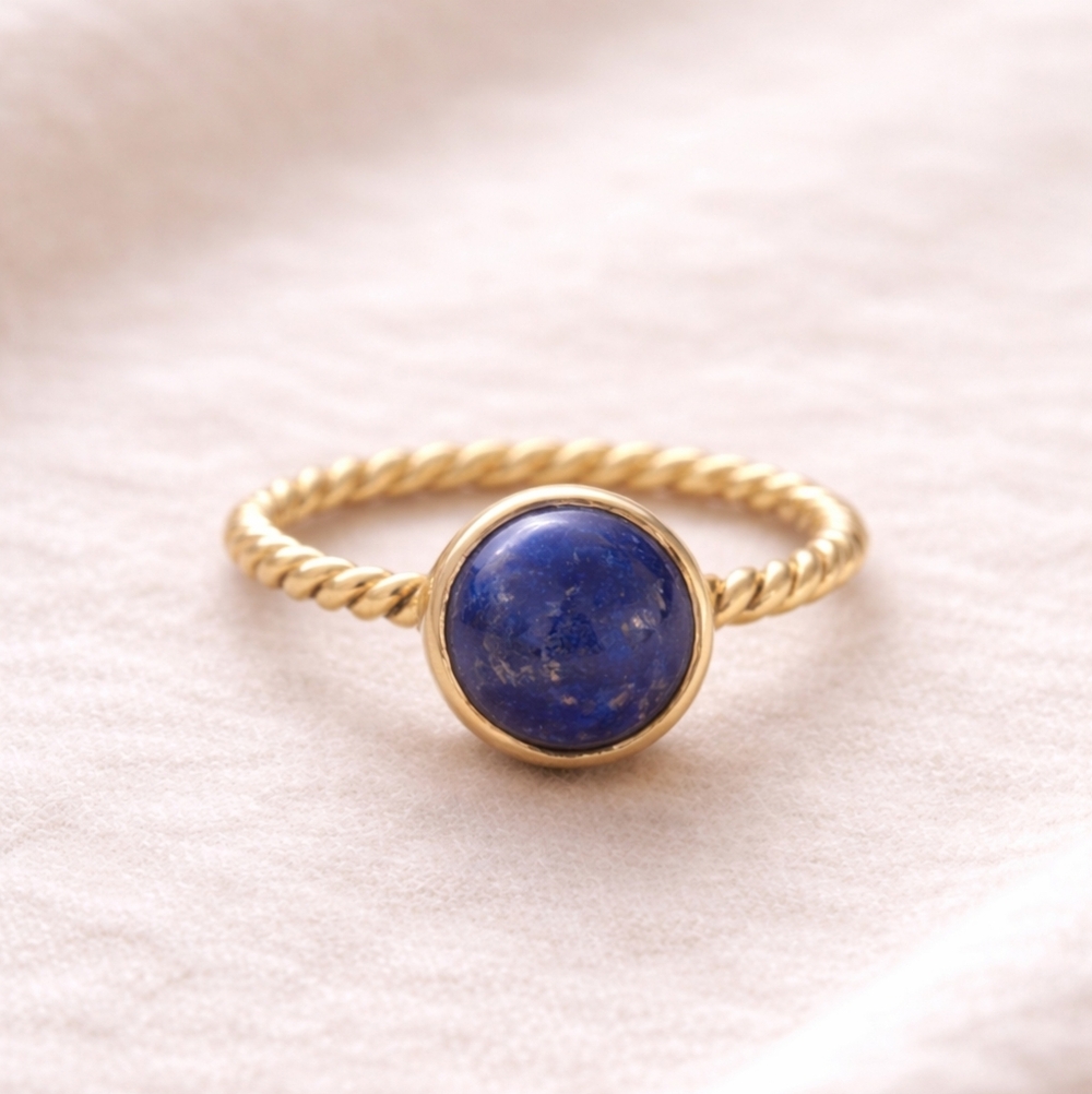 Gold Tone Lapis Lazuli Ring • Bezel Set Blue Stone • Twisted Rope Band 5.25